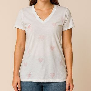 WordsCount White S/S T-shirt Top M Pink Hearts Lightening Bolts Bees Cyber Grung